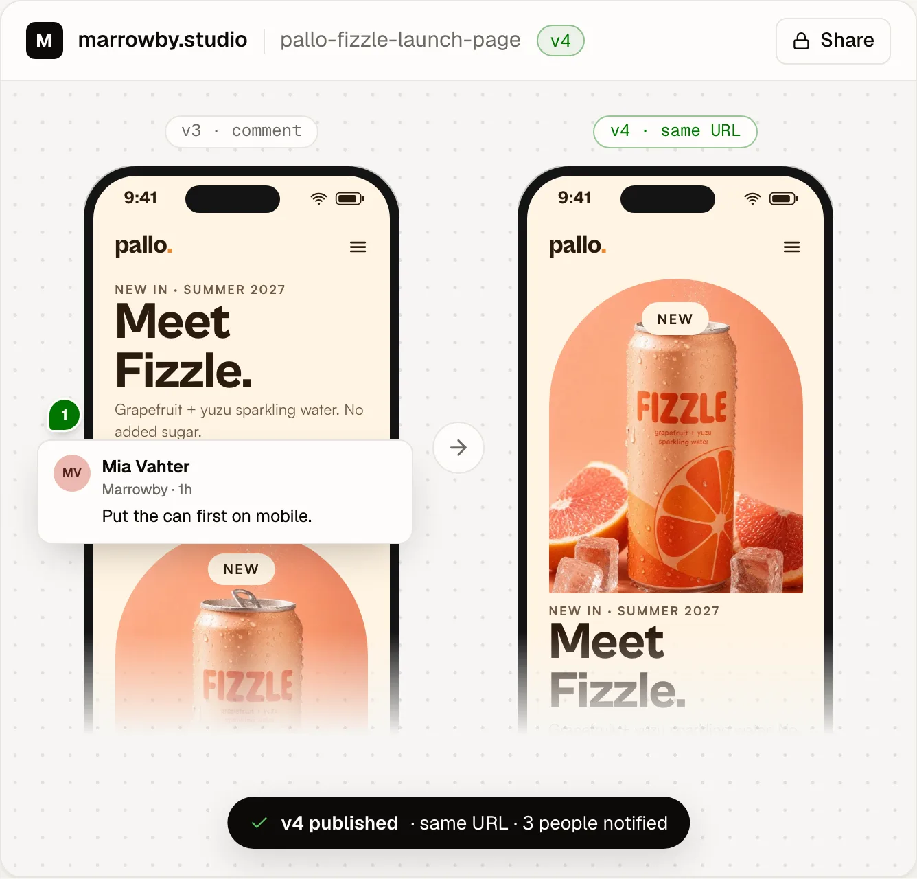 A client launch page open in Display at version 3 with a comment from the agency team, and version 4 published at the same URL.